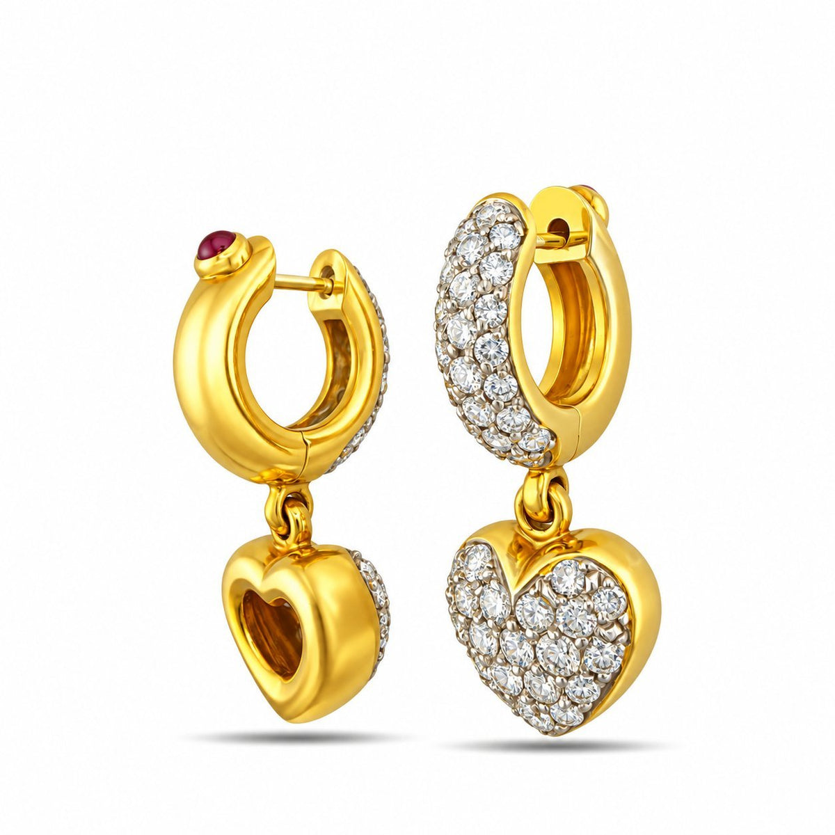 Side view of gold heart drop earrings, showing ruby studs and hollow heart backs