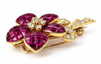 18K Yellow Gold 4.75ct Invisible Set Ruby & 0.45ct Diamond Flower Brooch