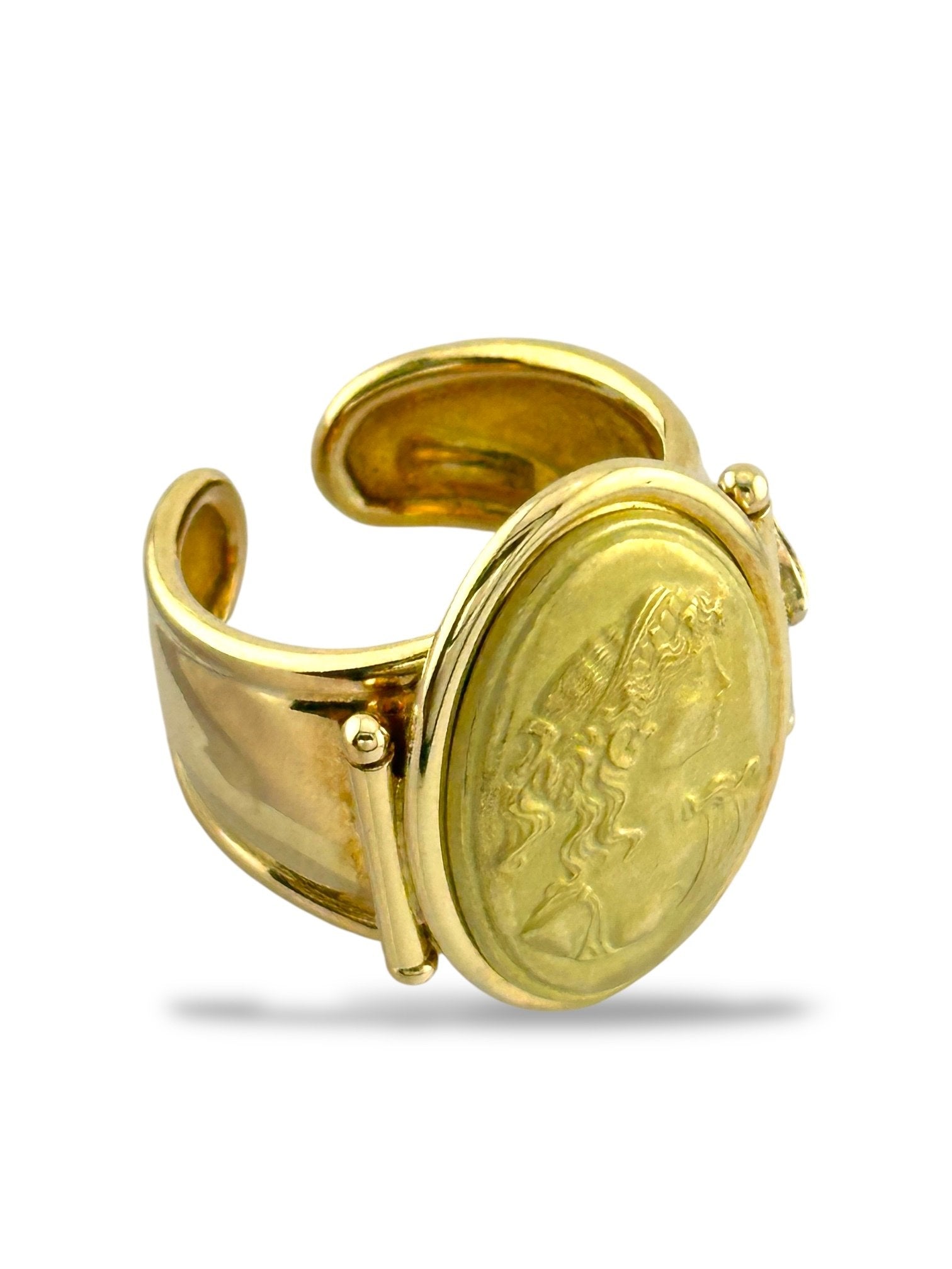 Set of 18K Yellow Gold Renaissance Revival Cuff Bracelet and Ring with Female Deity Motif