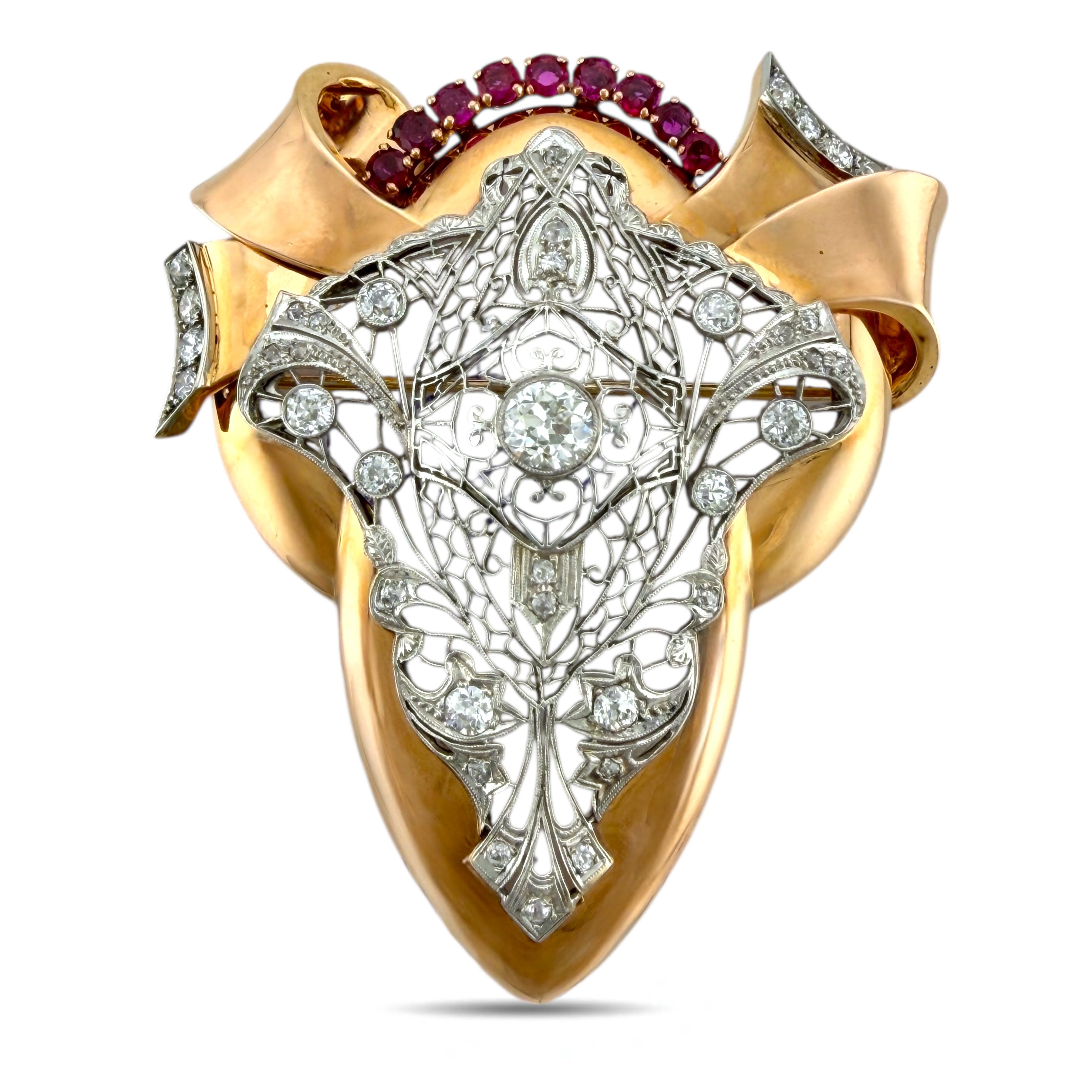 Brooch - 14 kt. Exclusive Art Deco 14K Rose Gold 3.10 Carats Diamond & 1.60 Carat Ruby Brooch and Pendant, Rose gold -  4.10ct. tw. Diamond (Natural)  - Ruby