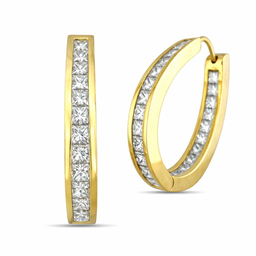 14K Yellow Gold Princess Cut 2ct Diamond Hoop Earrings