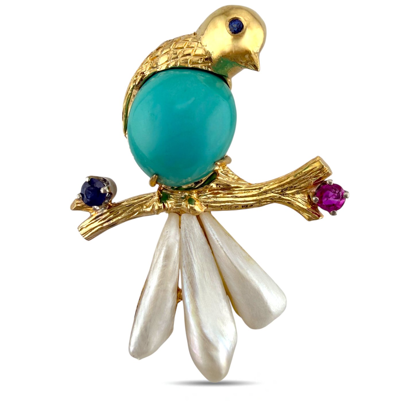 14K Yellow Gold Carved Mother of Pearl Bird Brooch