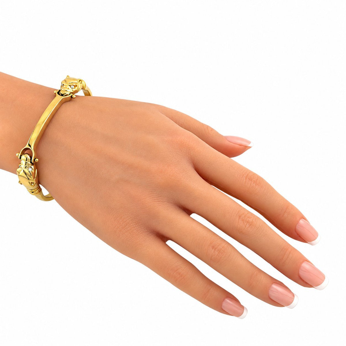 14K yellow gold cheetah head link bracelet on hand