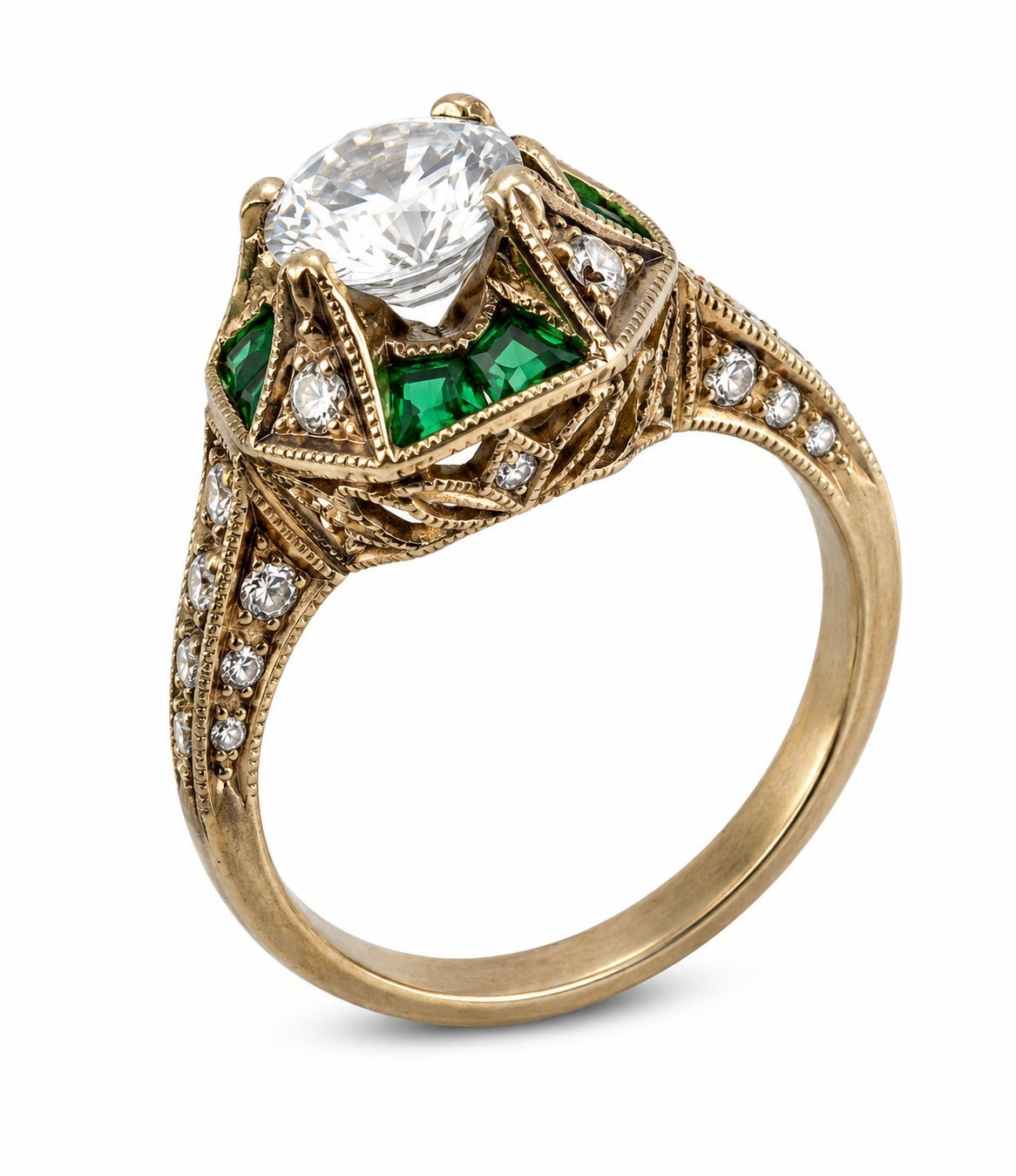 18K Yellow Gold Vintage 2.16ct Diamond and Emerald Ring