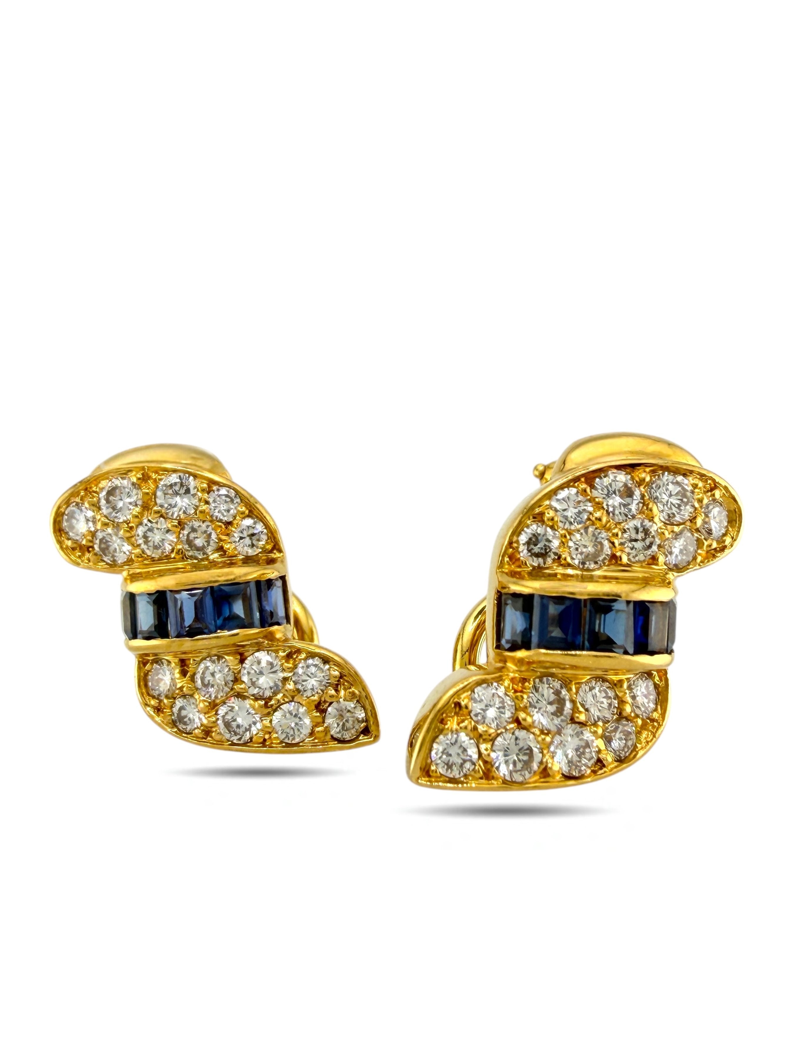 18K Yellow Gold Diamond and Sapphire Earrings