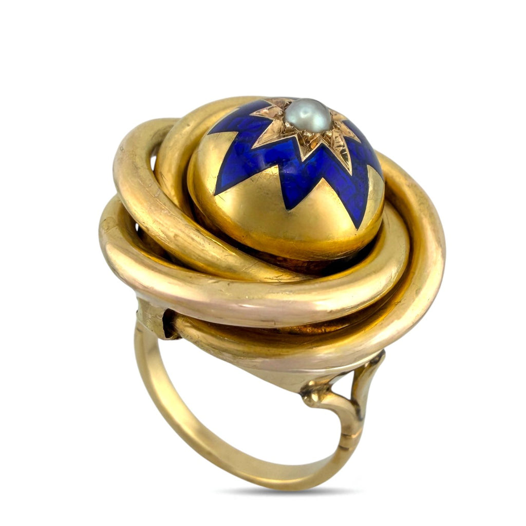 14K  Gold Blue Enamel Hidden Locket Compartment Ring