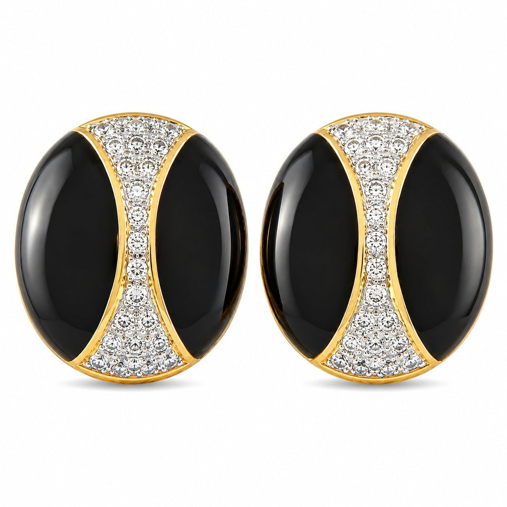 Oval onyx and diamond hoop earrings in 18K yellow gold, black enamel centers