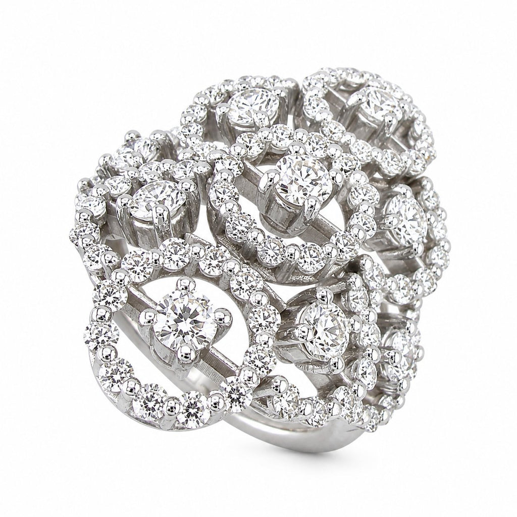 14K Damiani white gold circular ring with stacked heart-shaped diamond clusters