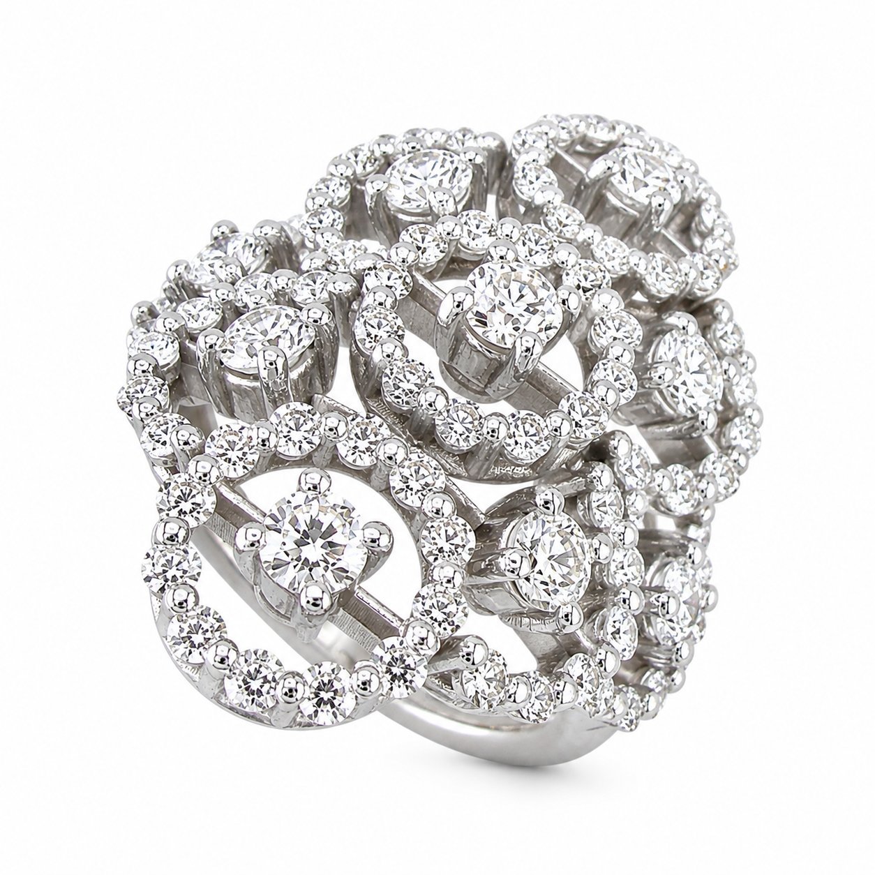 14K Damiani white gold circular ring with stacked heart-shaped diamond clusters
