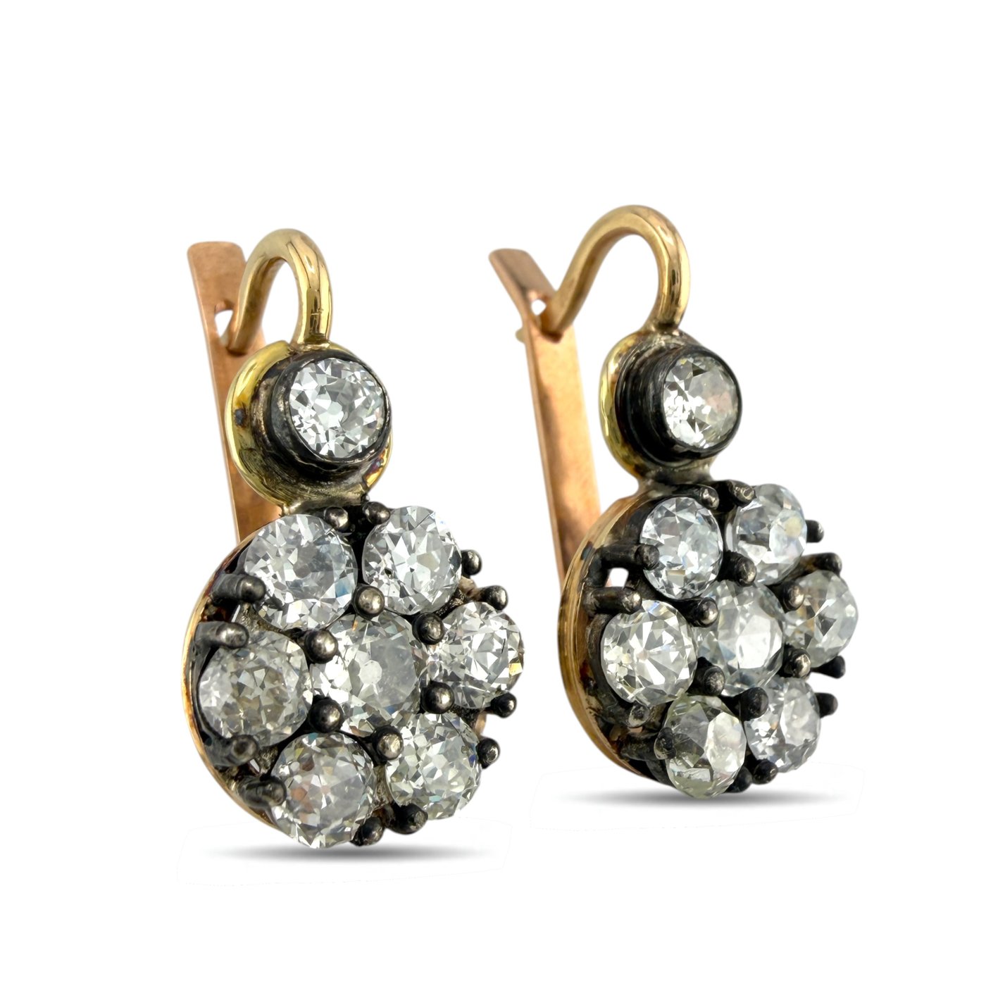 Rose gold diamond cluster drop earrings, round stones with blackened prongs.
