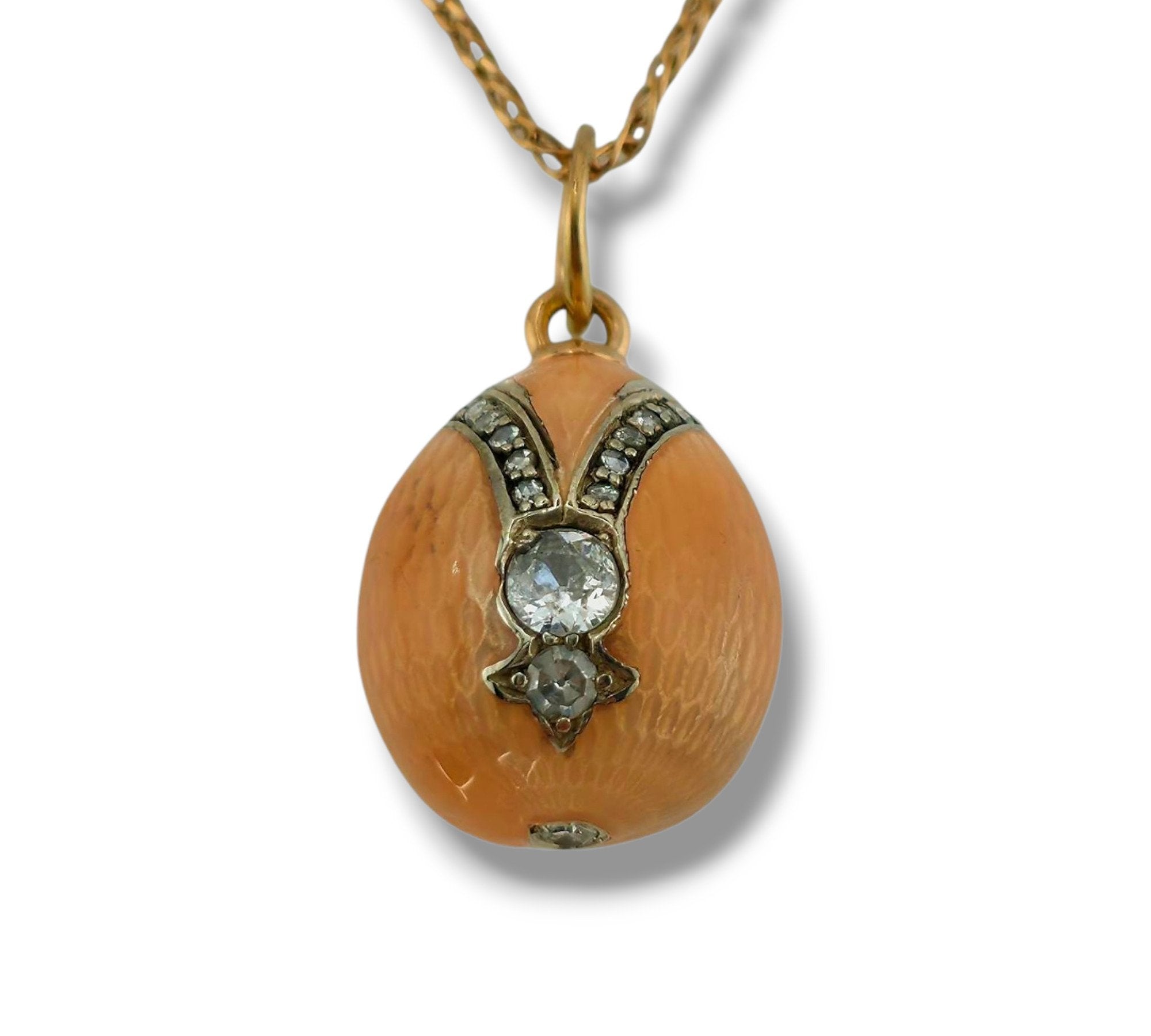 Imperial Russian Period 56K Gold Enamel and Diamond Egg Pendant