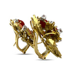 18K Yellow Gold Coral and 6.45ct Diamond Brooch and Earring Set