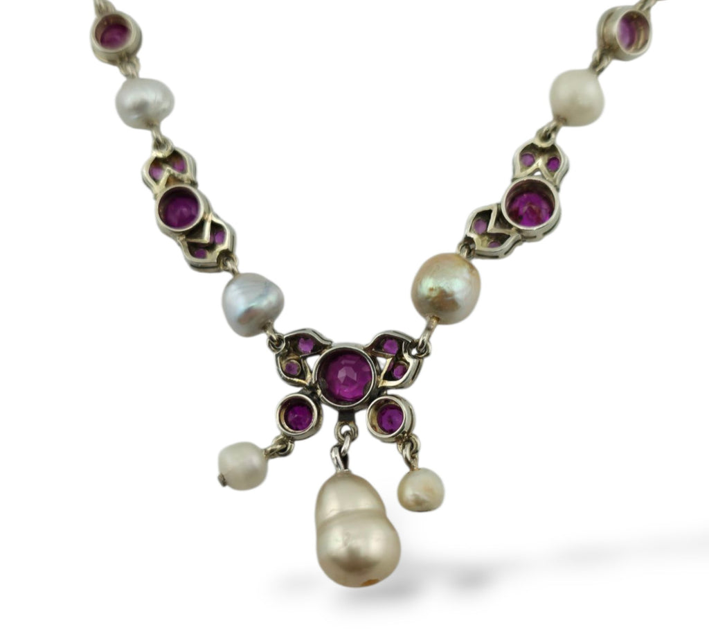 14K Gold Necklace with Natural Rubies and Pearls
