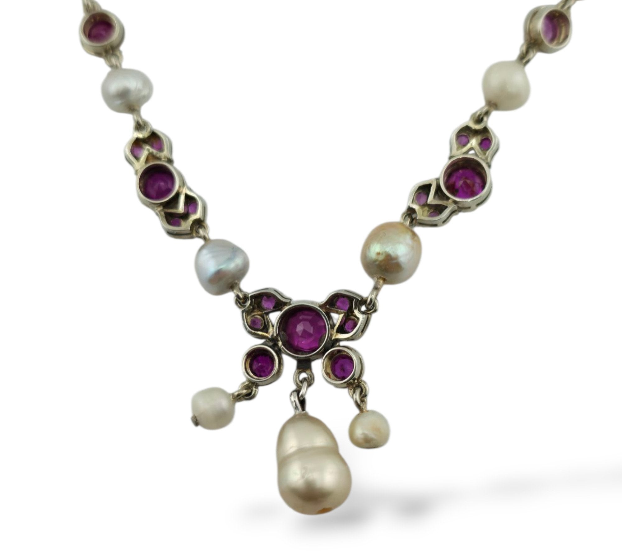 14K Gold Necklace with Natural Rubies and Pearls