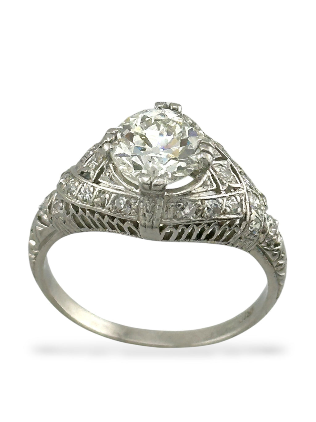 Antique Platinum Ring with 1.35ct Old European Diamond and Cut Accents