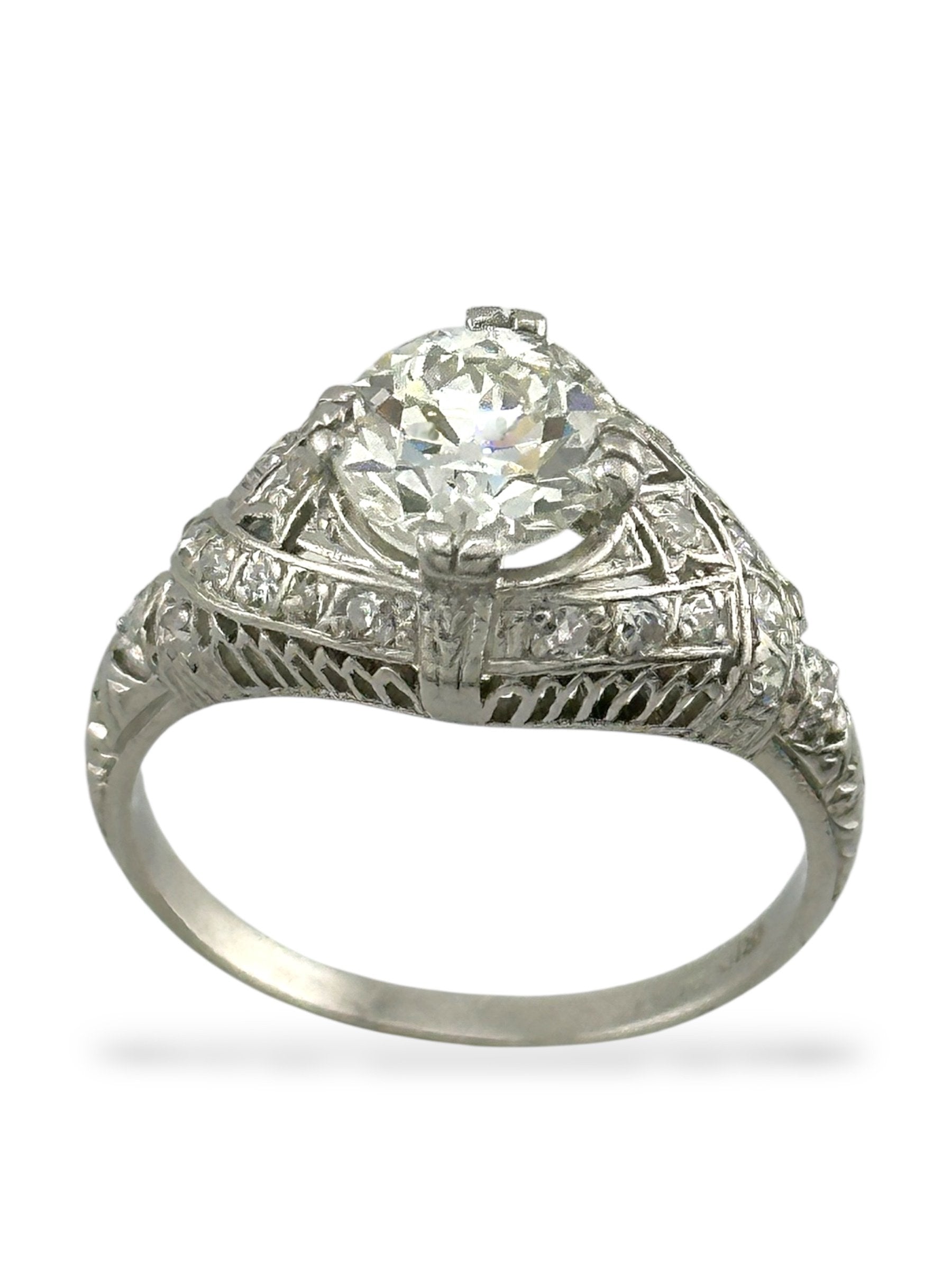 Antique Platinum Ring with 1.35ct Old European Diamond and Cut Accents