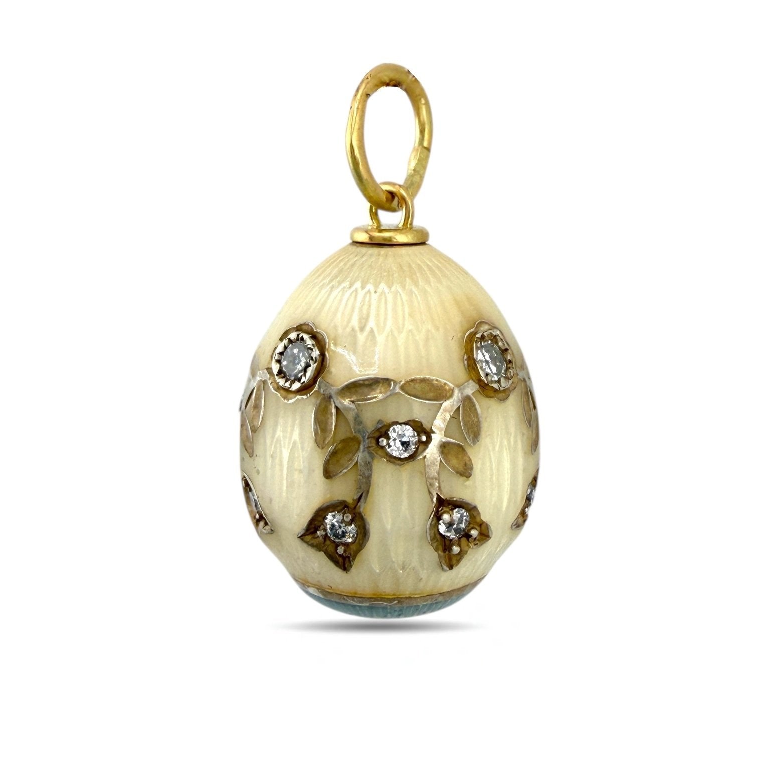 Antique Russian 14K Yellow Gold, Blue and White Enamel 0.3ct Diamond Egg Pendant
