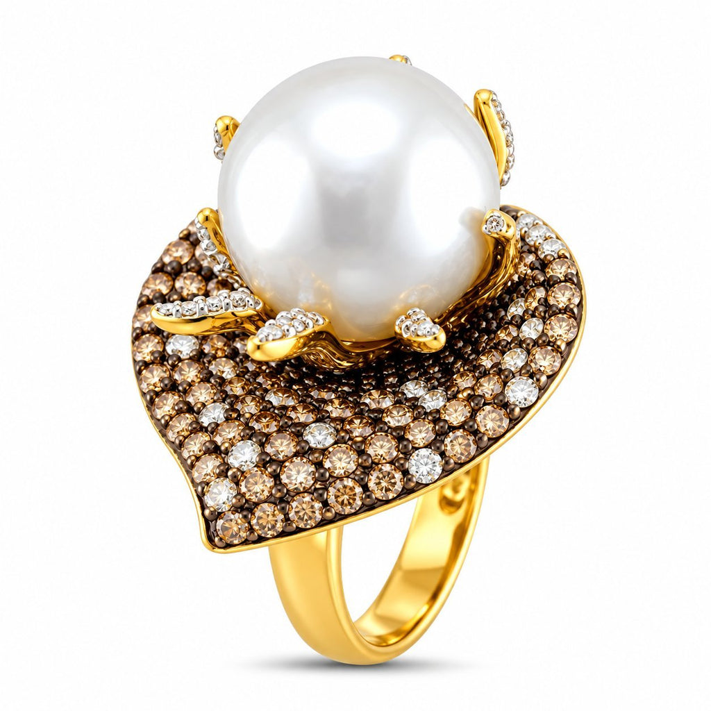 18K yellow gold ring with pearl center and champagne diamond sculptural setting