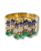 3 Pieces Stackable 14K Gold Interlocking Ring Set with Diamonds, Emeralds and Sapphires