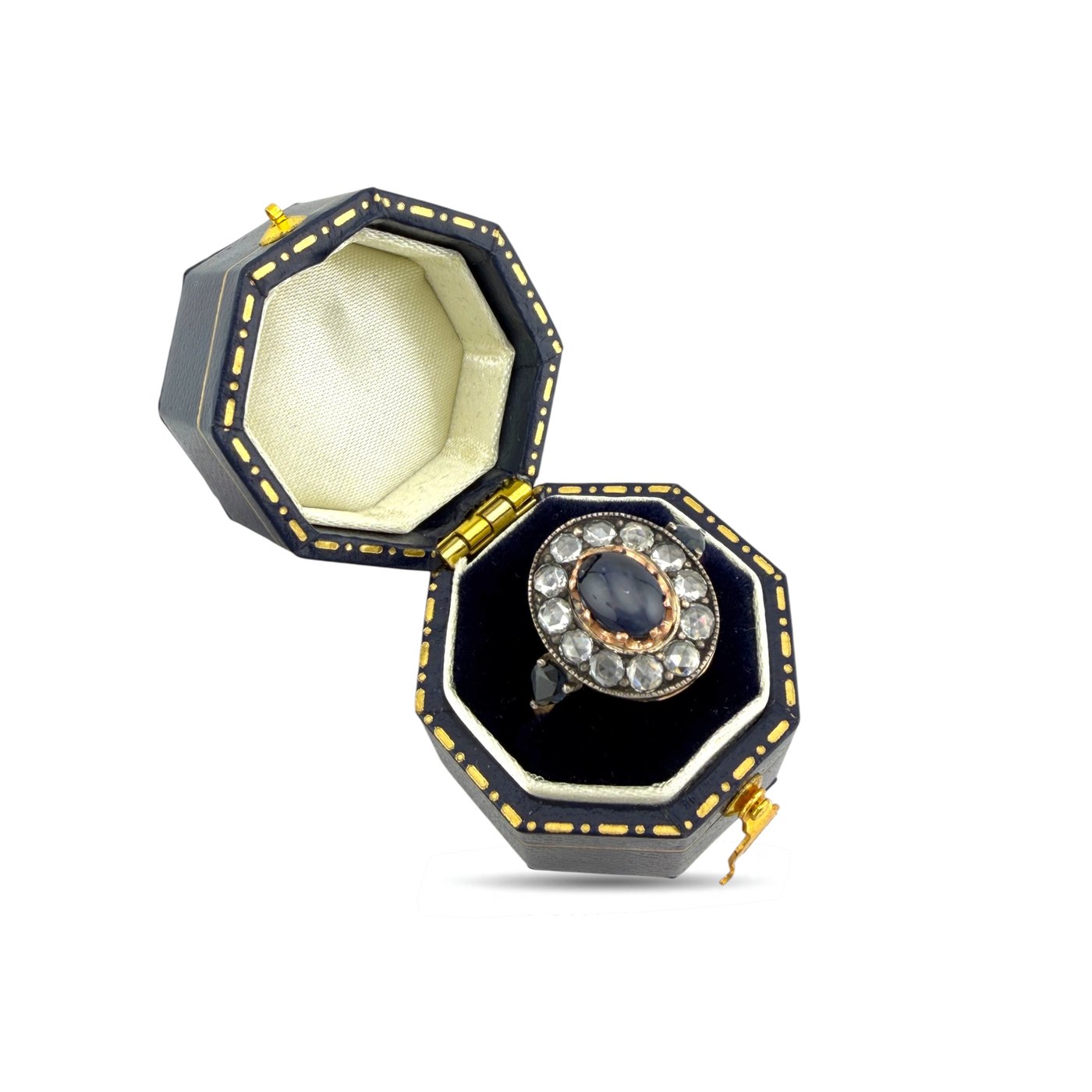 14K Rose Gold Imperial Faberge Russian 0.72ct Sapphire and 0.72ct Diamond Ring