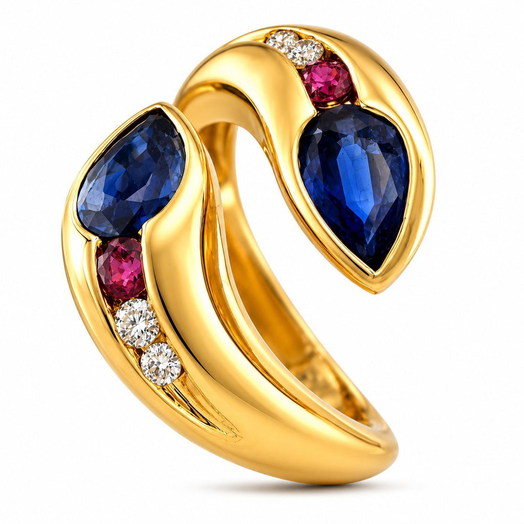 18K Yellow Gold 1.30ct Sapphire Ruby and Diamond Bypass Ring