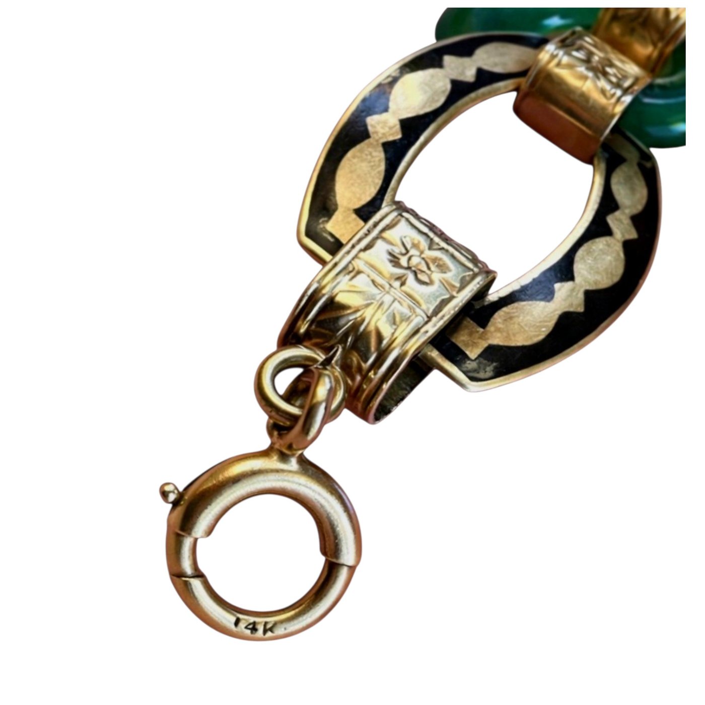 Antique Art Deco Carved Undyed Green Onyx and Black Enamel 14K Gold Bracelet