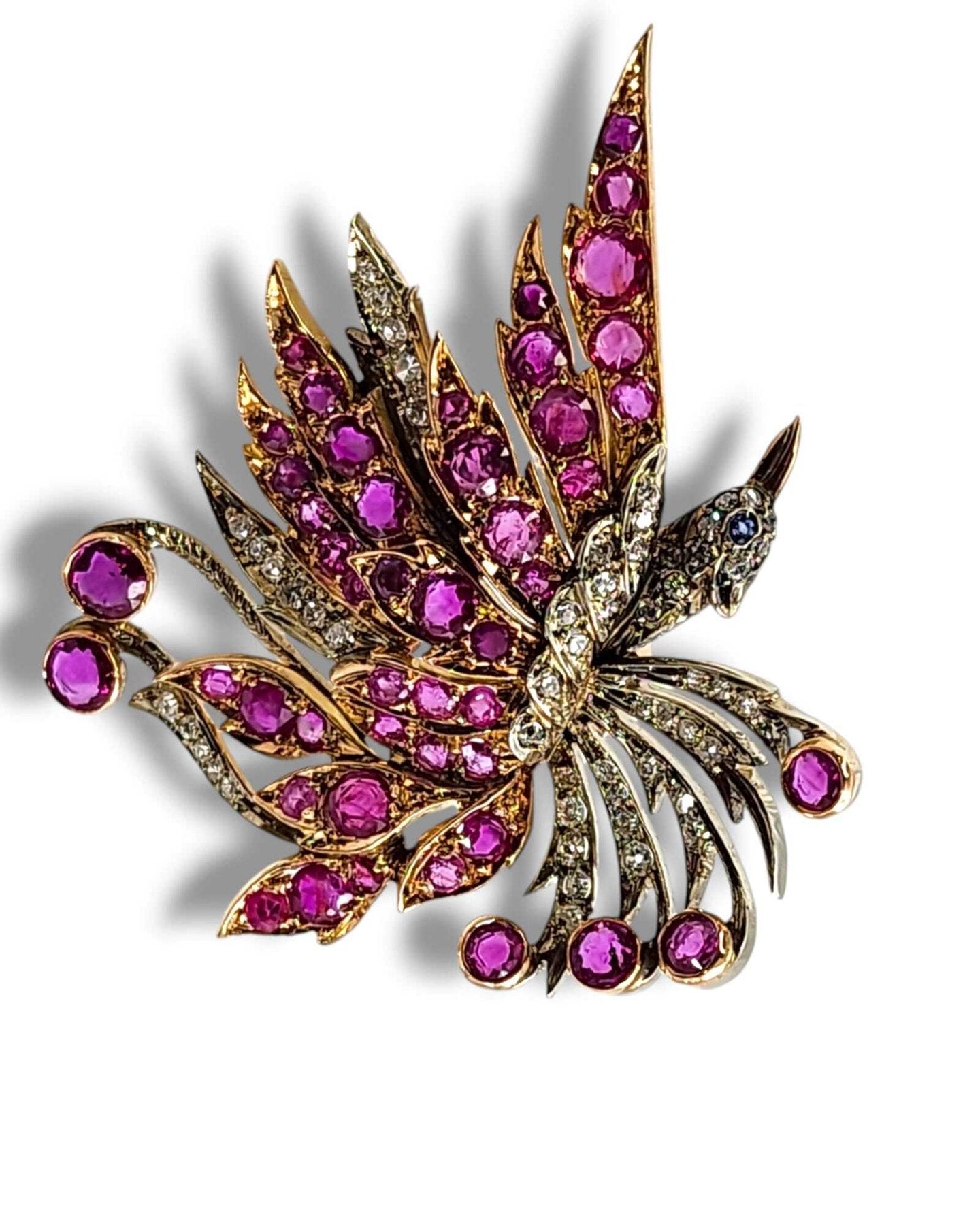 Brooch - 18 kt. Yellow gold, Gorgeous Vintage 18k Gold & 1.0ct Diamond Brooch Swan 16.5 grams - 1.00ct. tw. Diamond (Natural) - Ruby