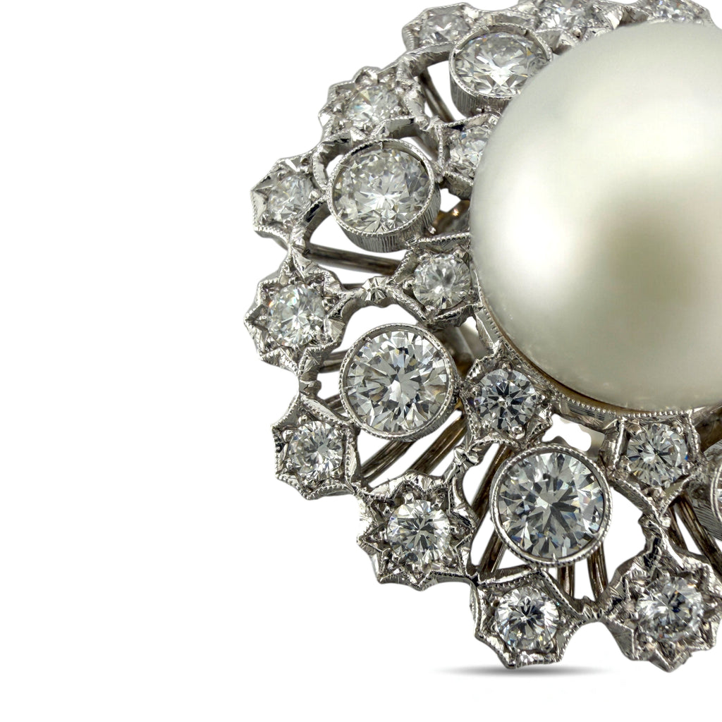 18K White Gold Pearl and 4ct Diamond Circular Cocktail Ring