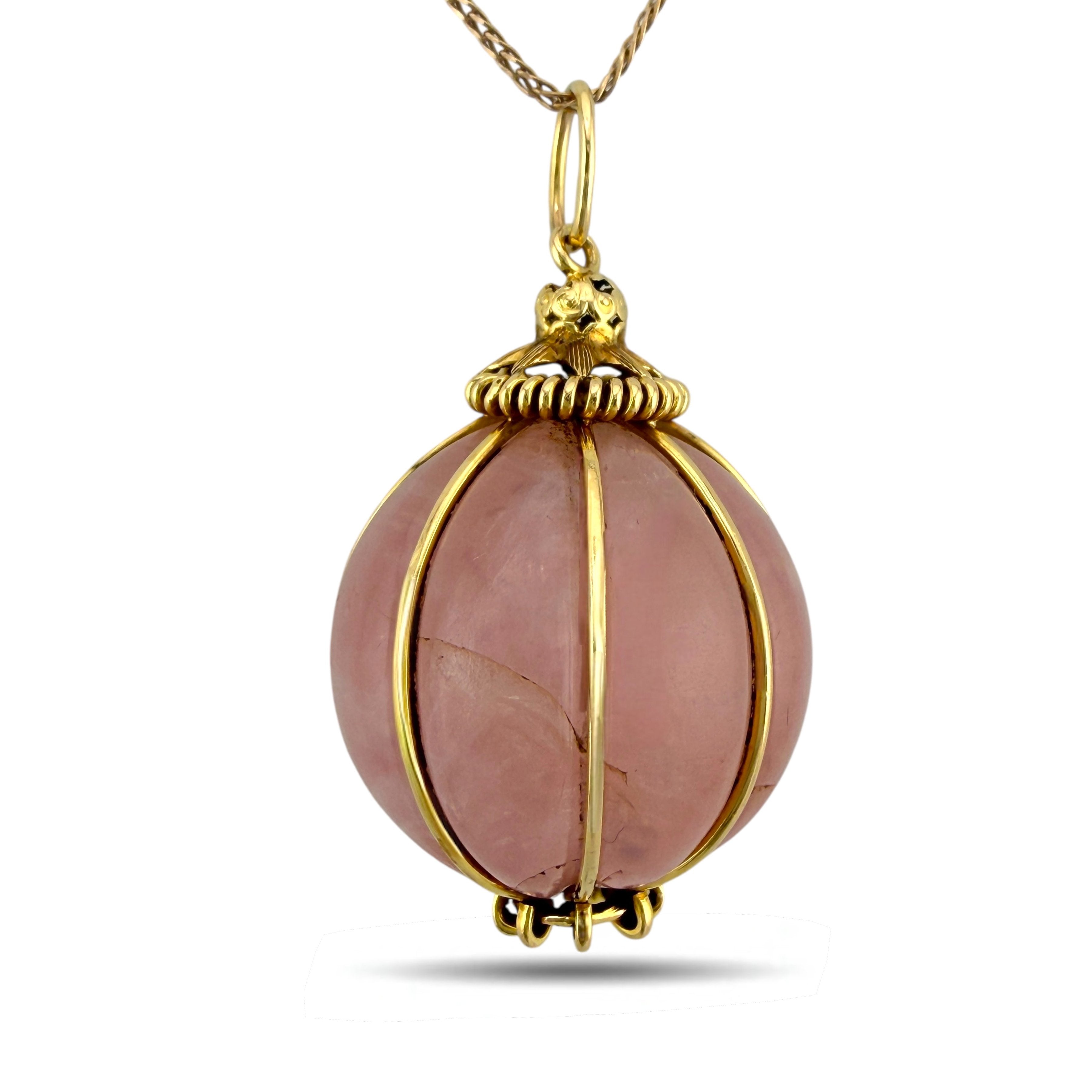 Italian 18K Yellow Gold Pink Quartz Orb Pendant