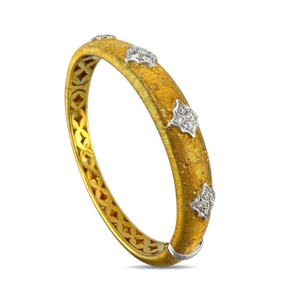 Italian 18K Yellow Gold Brushed 0.60ct Diamond Hinged Bracelet