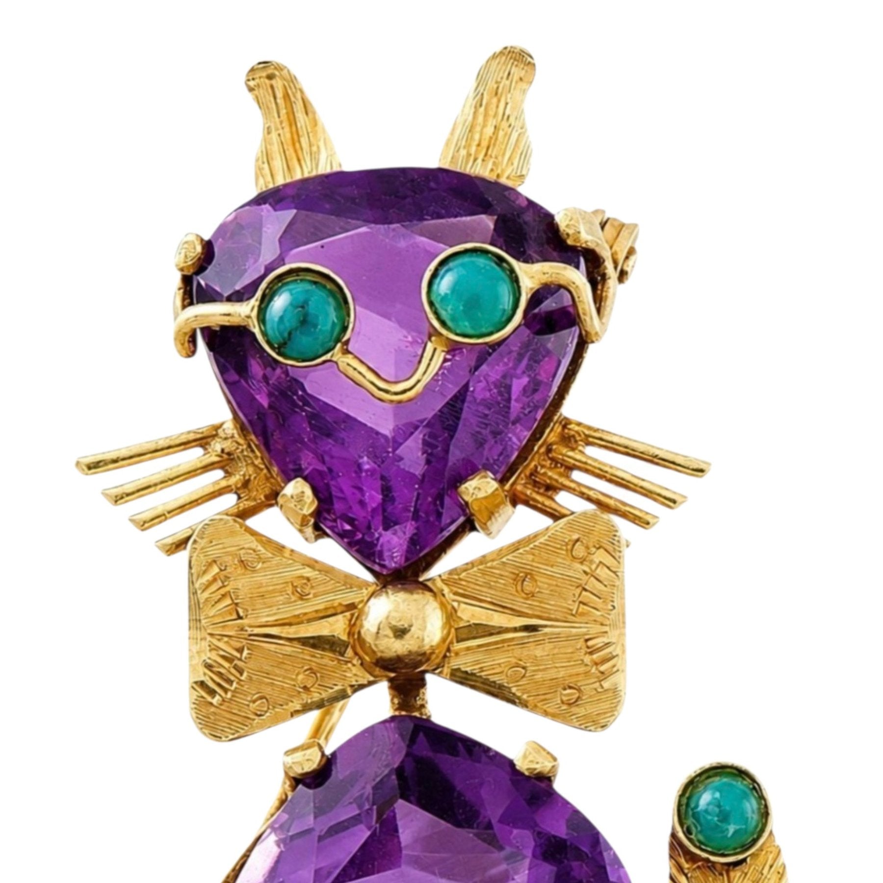 18K Yellow Gold Amethyst Turquoise Cat Brooch