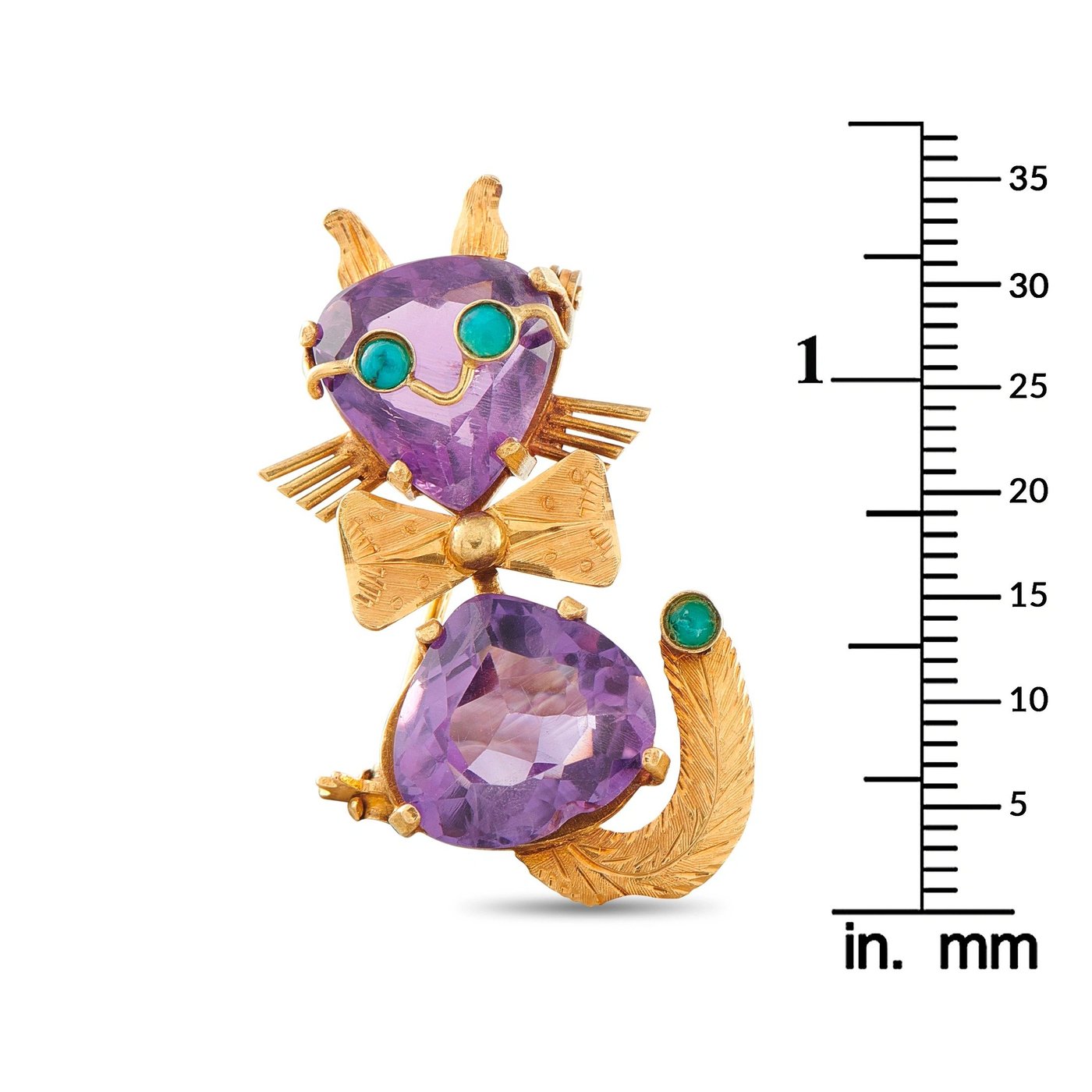 Gold cat brooch with purple amethyst oval stones and teal turquoise eyes