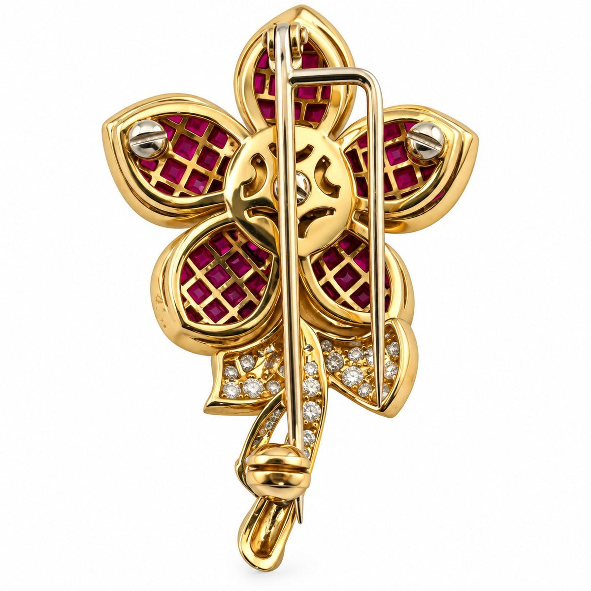 18K Yellow Gold 4.75ct Invisible Set Ruby & 0.45ct Diamond Flower Brooch