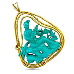 Chinese 14K Yellow Gold Turquoise Carved Asian Woman Pendant
