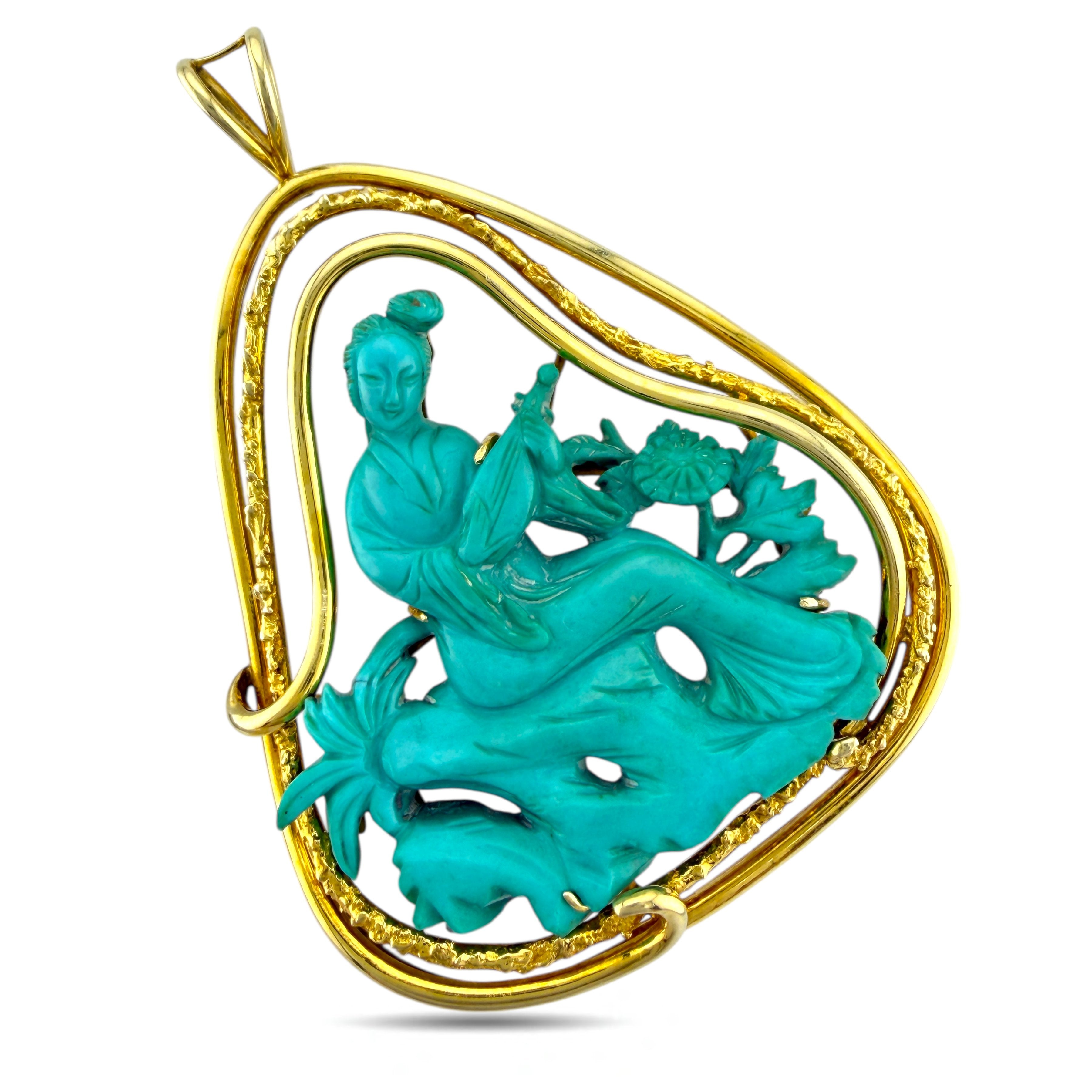 Chinese 14K Yellow Gold Turquoise Carved Asian Woman Pendant