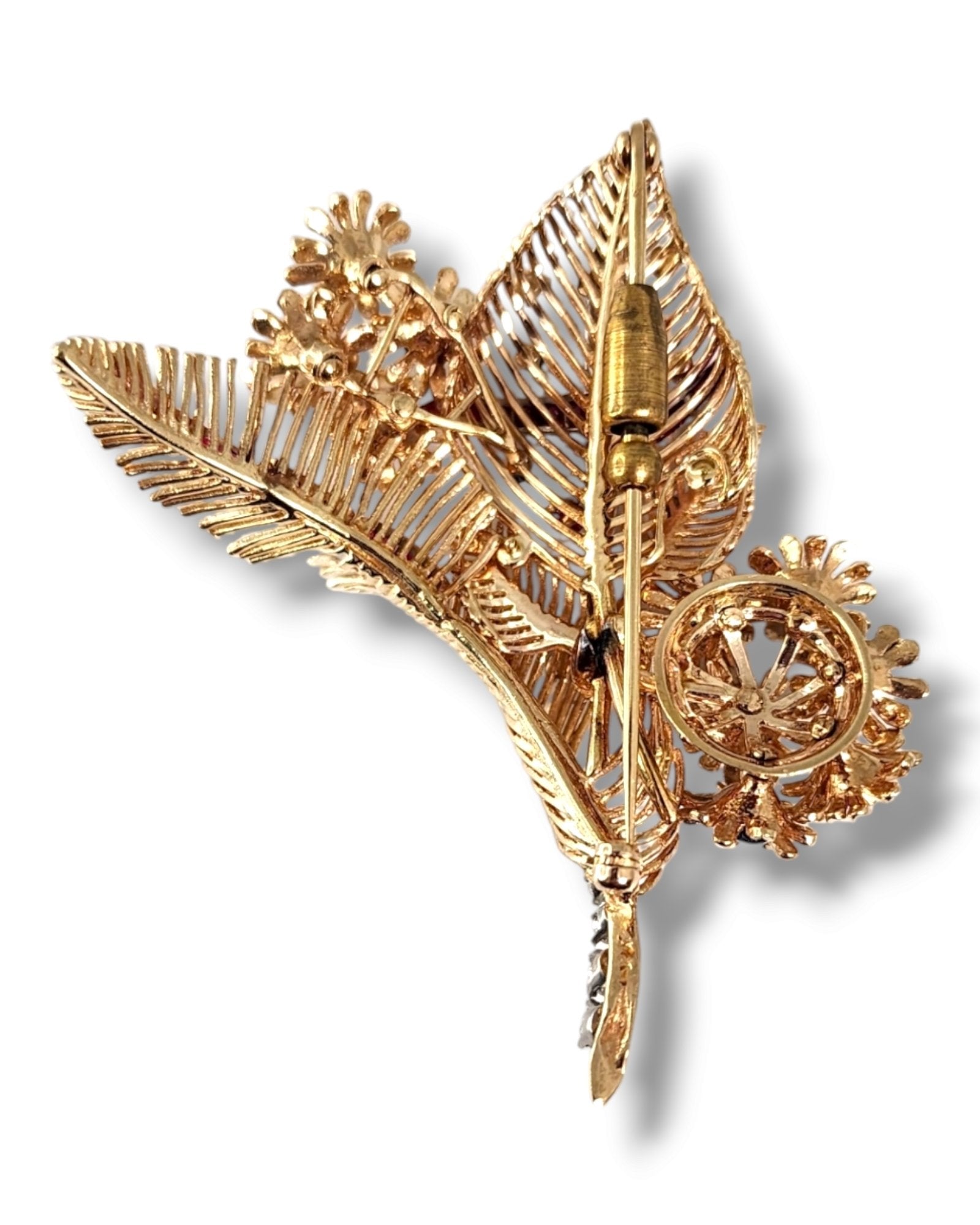 18K Yellow Gold Ruby and Diamond Flower Brooch