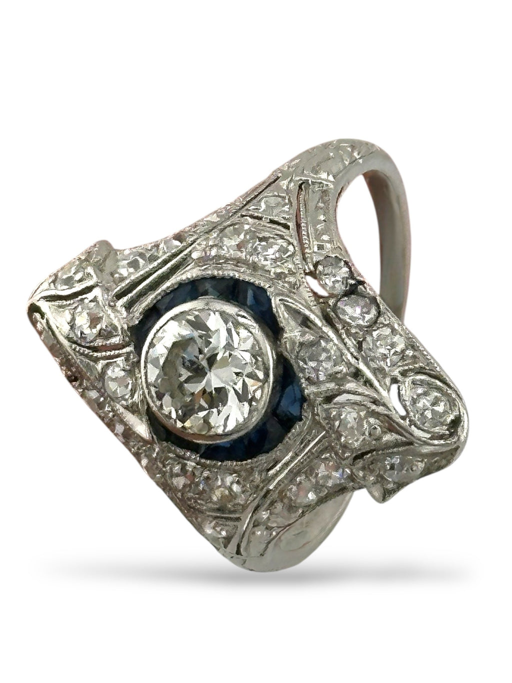 Art Deco Platinum Ring with 1.75ct of Diamonds and Sapphires