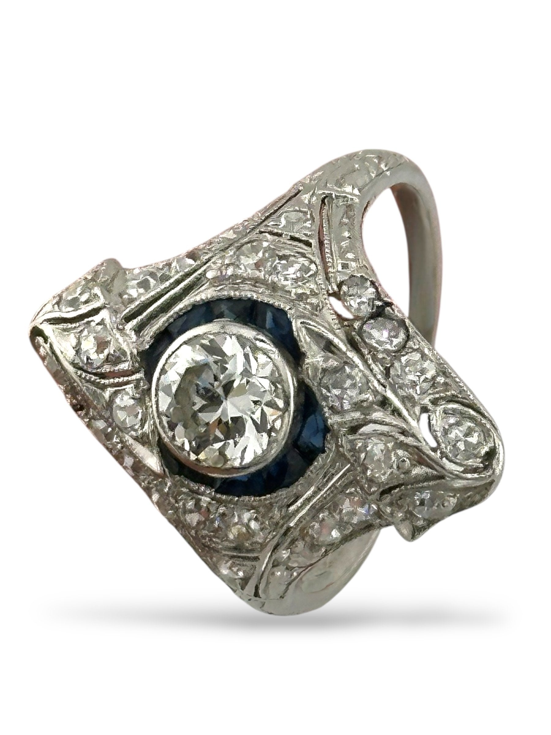Art Deco Platinum Ring with 1.75ct of Diamonds and Sapphires