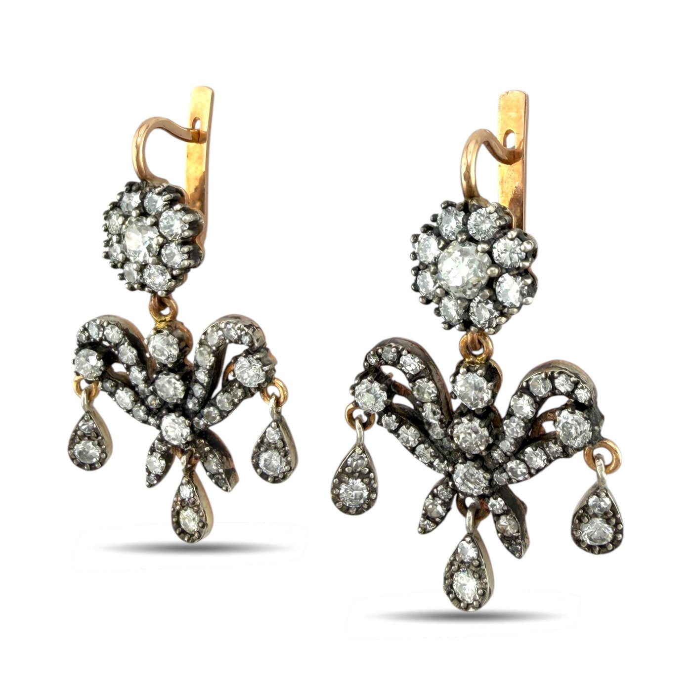 Imperial Russian 56K Rose Gold K. Faberge 3.75ct Diamond Earrings