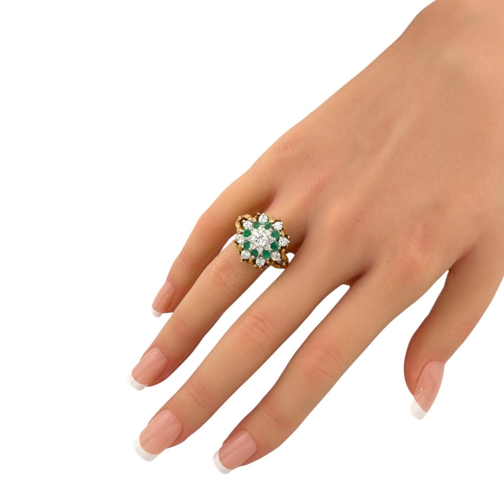 14K Yellow Gold Ring Featuring 17 Sparkling Diamonds and 8 Vibrant Emeralds