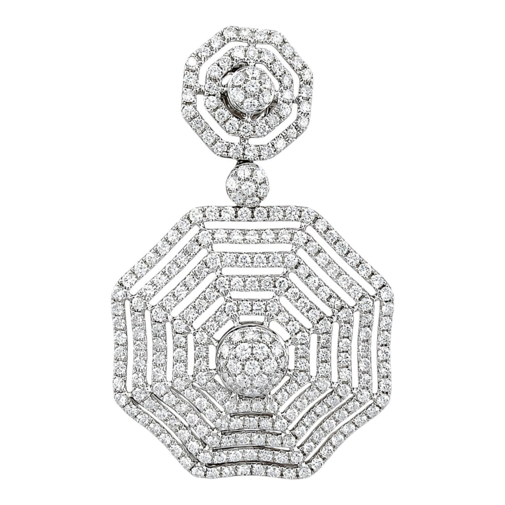 Diamond octagon drop earrings with flower-like top, round center drop, in white gold