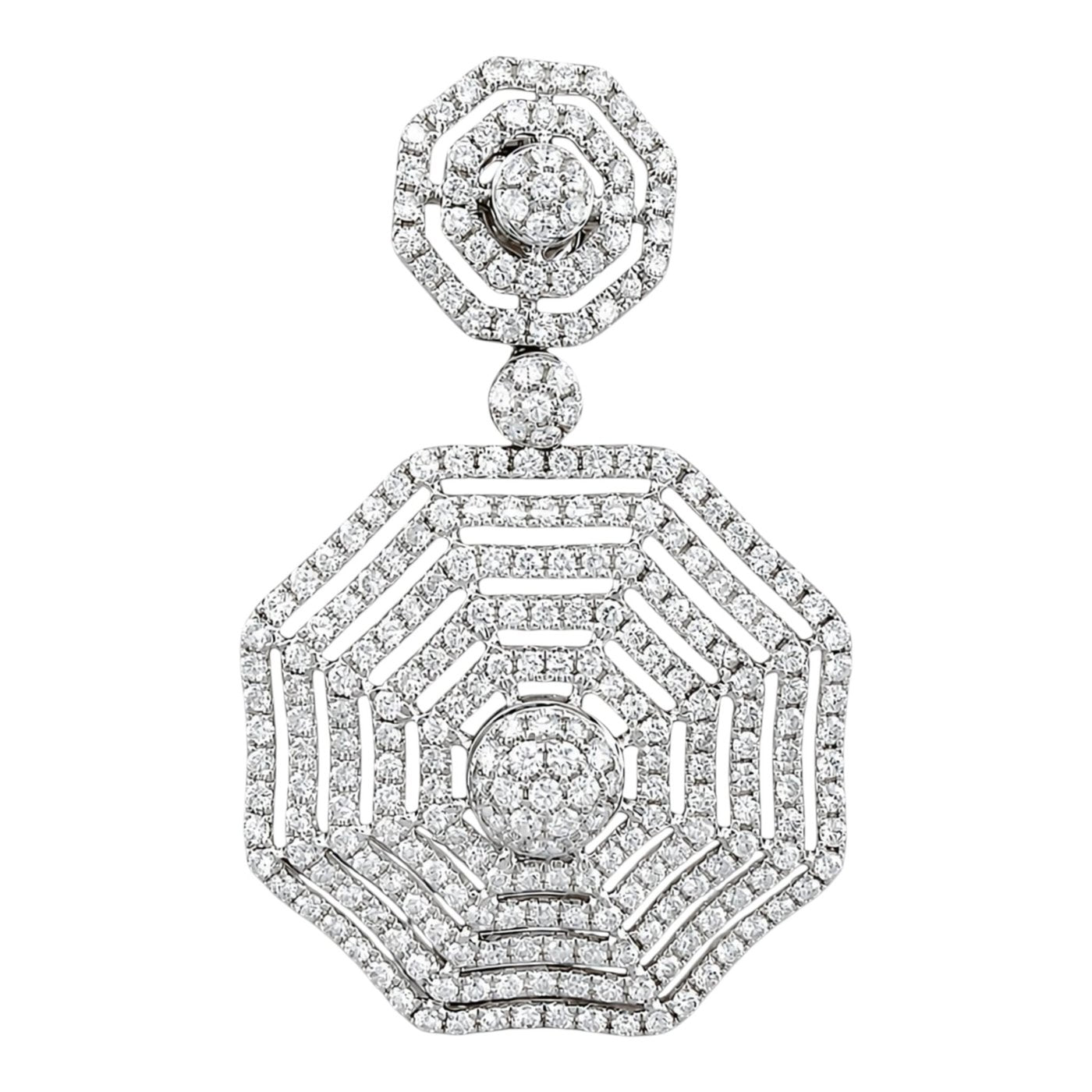 Diamond octagon drop earrings with flower-like top, round center drop, in white gold