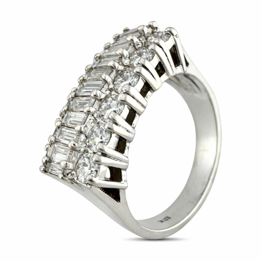 18K white gold multi-row diamond statement ring, side view with prong-set stones