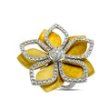 Movable petal diamond ring front view with yellow gold petals and round diamond center