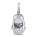 White gold baby shoe charm with sparkling diamond accents, open toe and bow detail