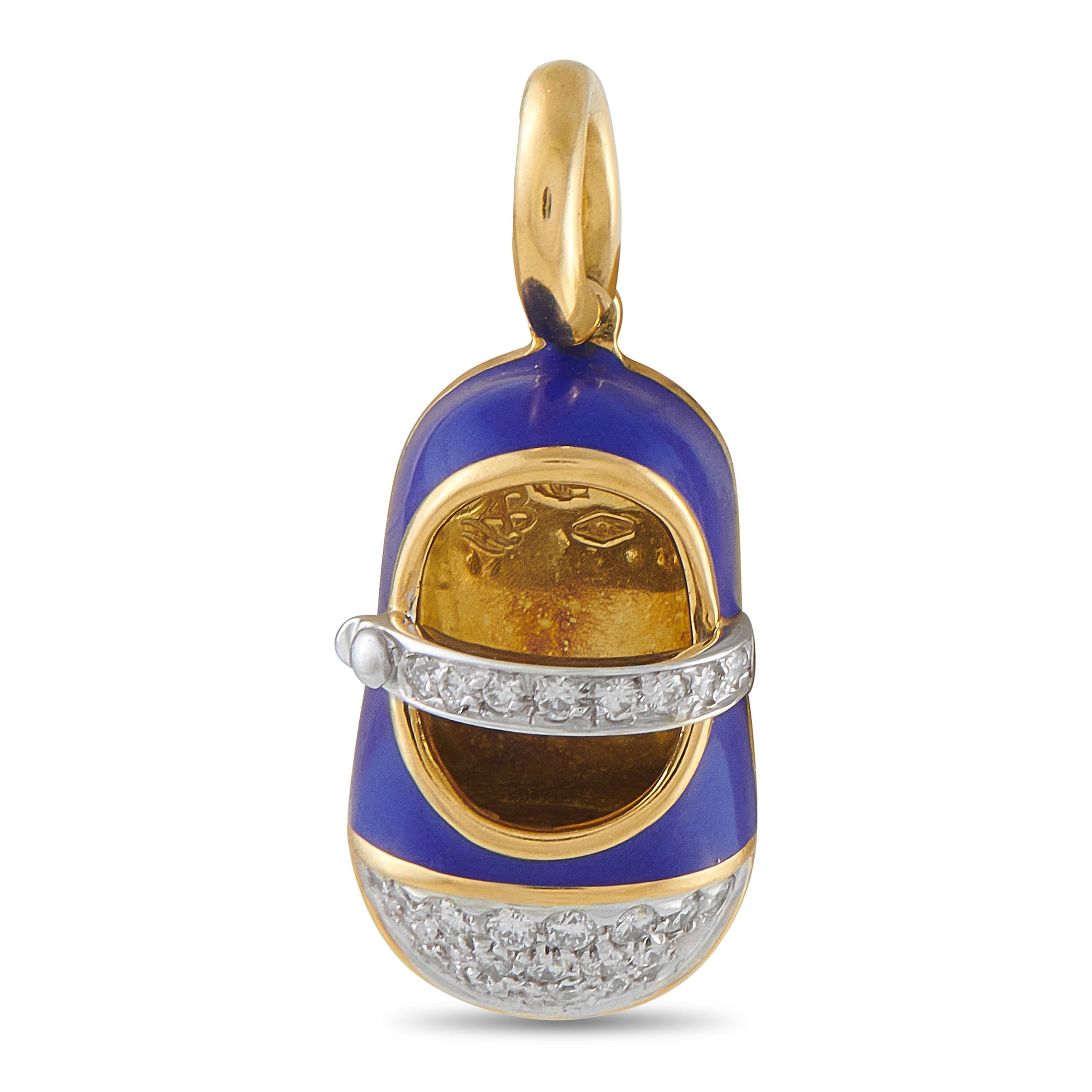 Aaron Basha Baby Shoe 18K Yellow Gold Diamond and Enamel Mary-Jane Charm