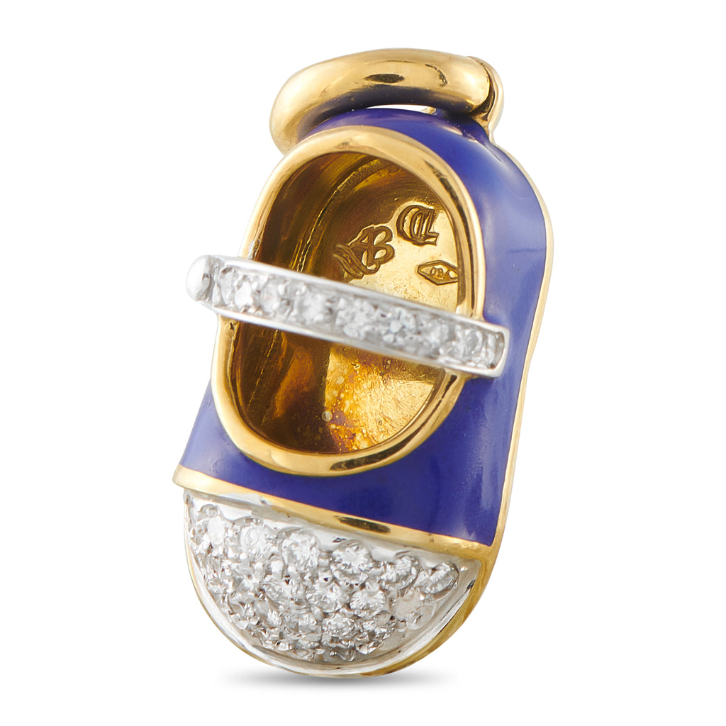 Aaron Basha Baby Shoe 18K Yellow Gold Diamond and Enamel Mary-Jane Charm