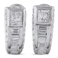 White gold clip-on earrings with square diamond centers and baguette diamond accents