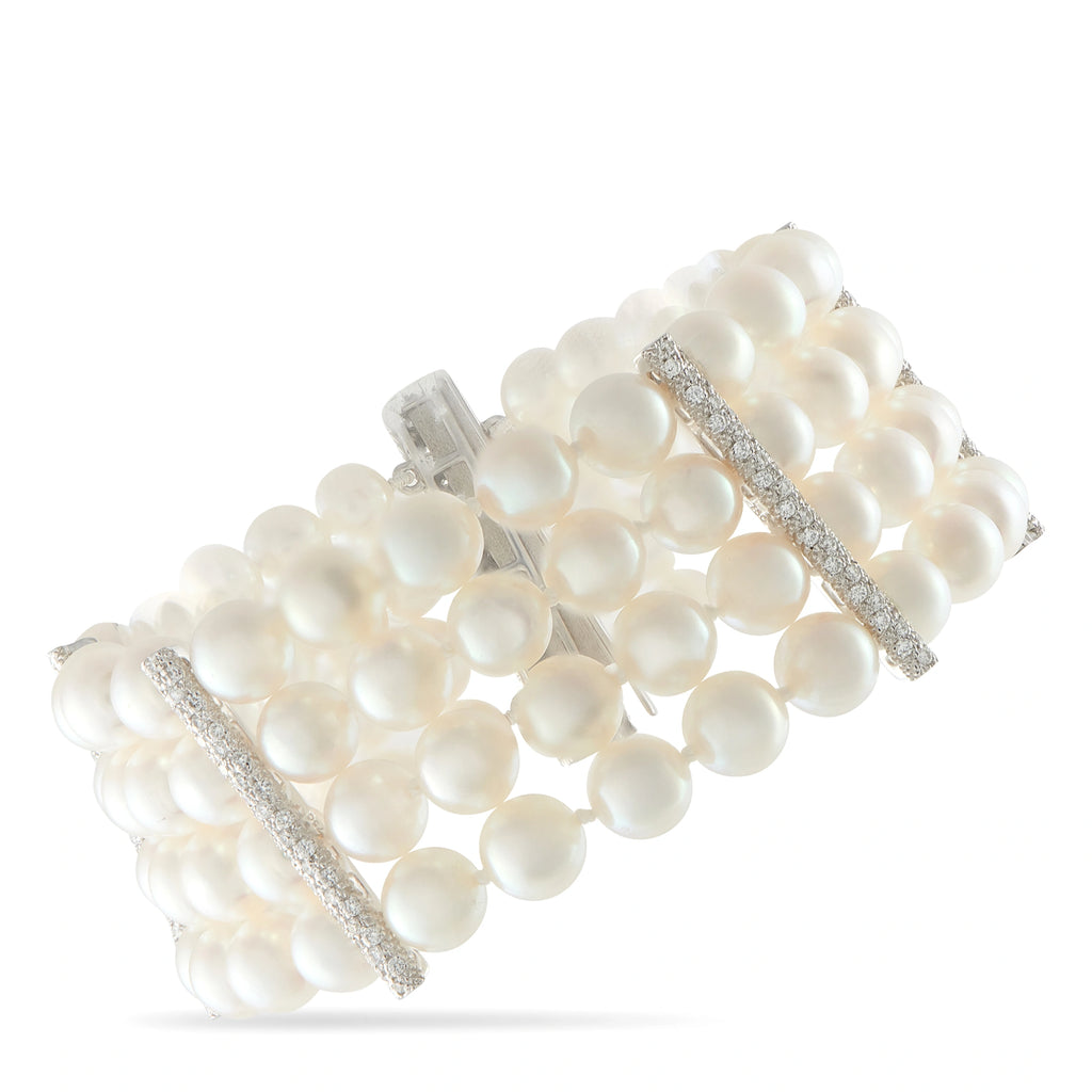 4-row pearl bracelet with diamond pave bar accents and clasp