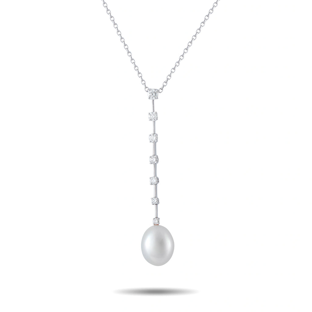 18K white gold diamond and pearl drop necklace with vertical diamond row and pearl